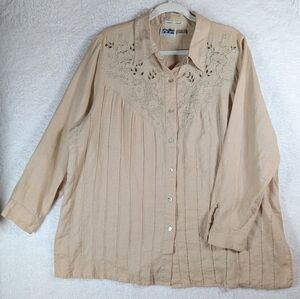 67-💯 Linen Embroidered Beige Button-Up Women's Top
